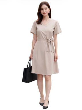 KESTAN Japanese Neutral Tie-Waist A-Line Minimalist Knee Length Dress Small NWT